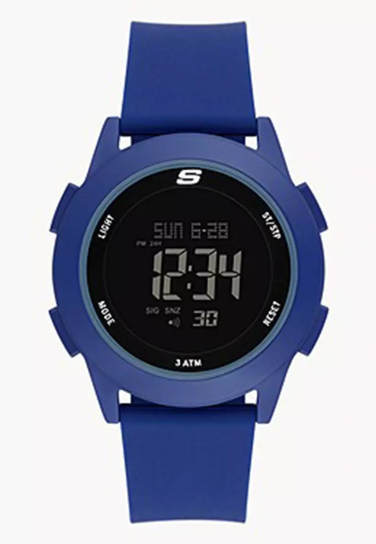 Skechers 44mm黑色錶盤藍色矽膠錶帶男士數位跳字手錶 SR5189