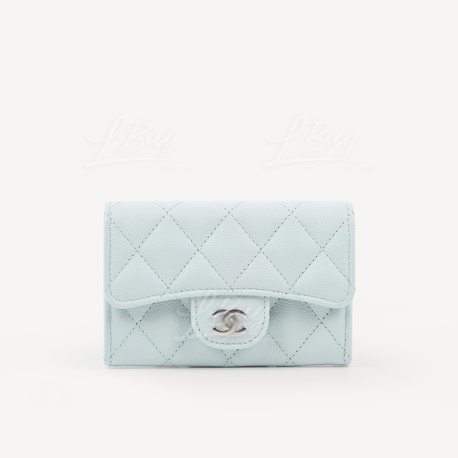 Chanel Classic Small Flap Wallet Card Holder Light Blue with Silver Tone Metal AP0214
