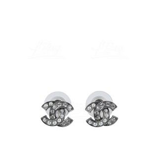 Chanel 銀色水鑽珍珠 CC Logo耳環 AB4169