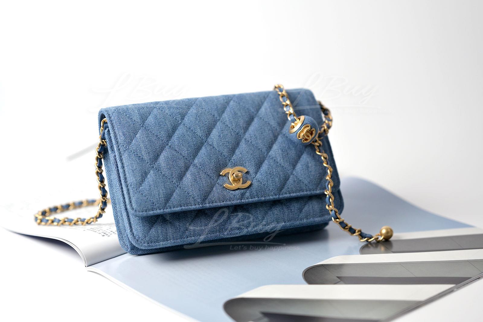 CHANEL-Chanel Denim Blue Gold Ball Wallet On Chain