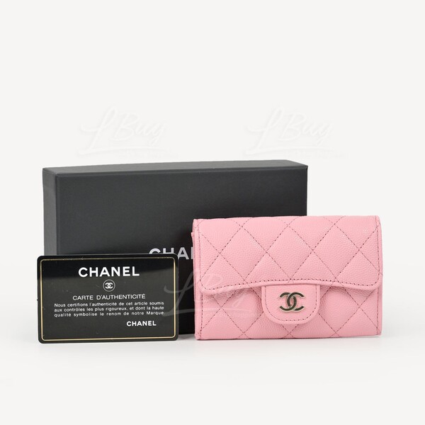 CHANEL-Chanel Classic Small Flap Wallet Card Holder Pink with Gold 