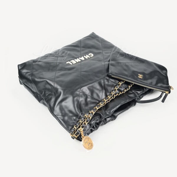 Chanel 22 Chain Hobo Handbag Medium Black Shiny Calfskin & Gold-Tone chain