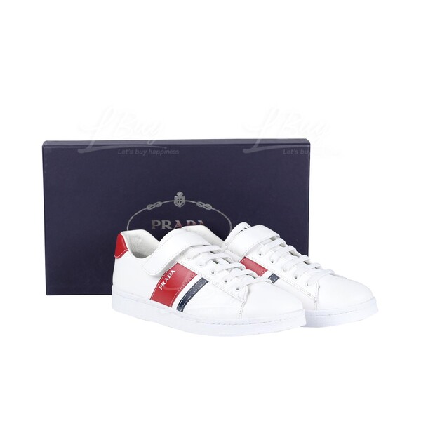 Prada white sneakers discount with red stripe