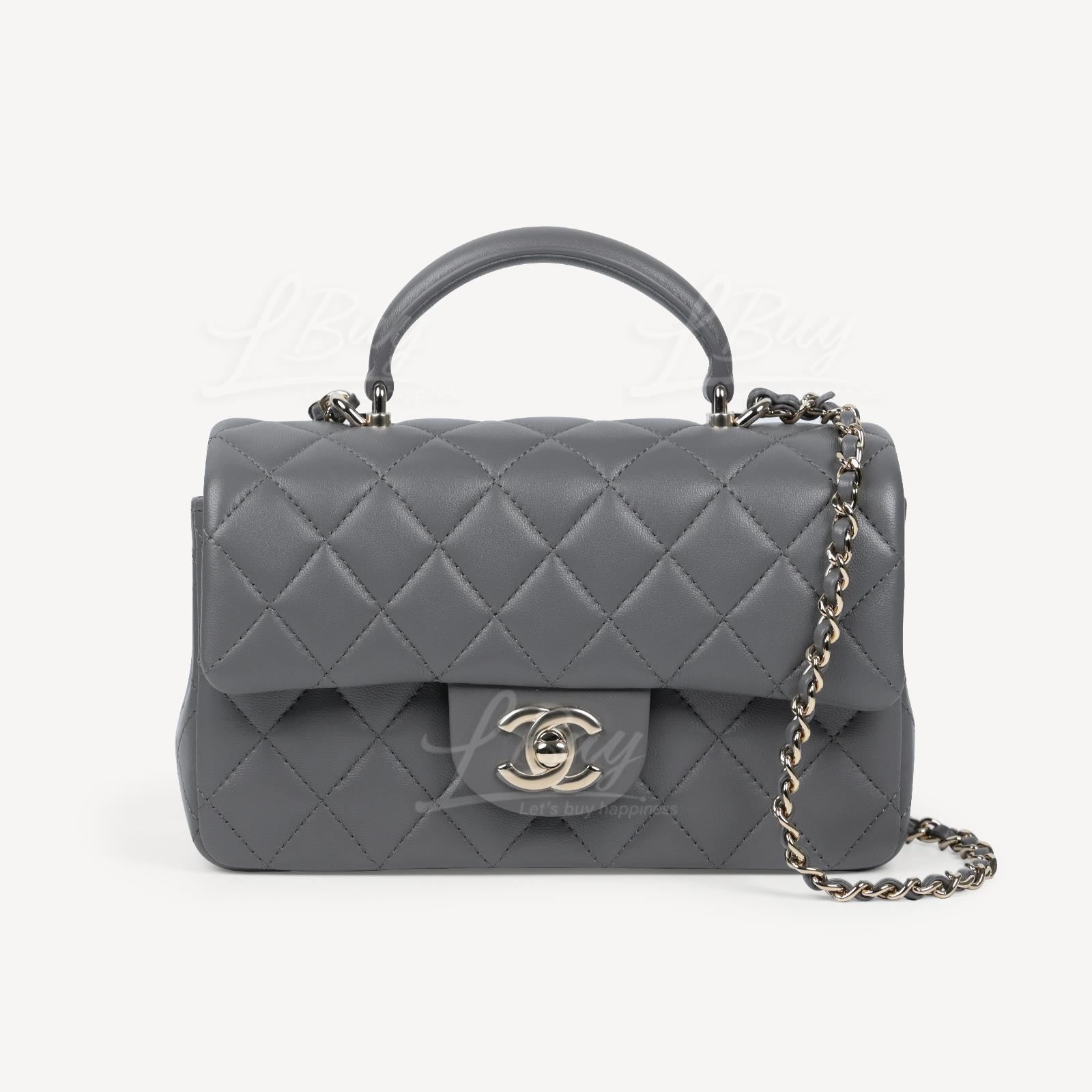 Chanel Dark Grey Flap Bag with Light Gold Tone Metal and Top Handle AS2431
