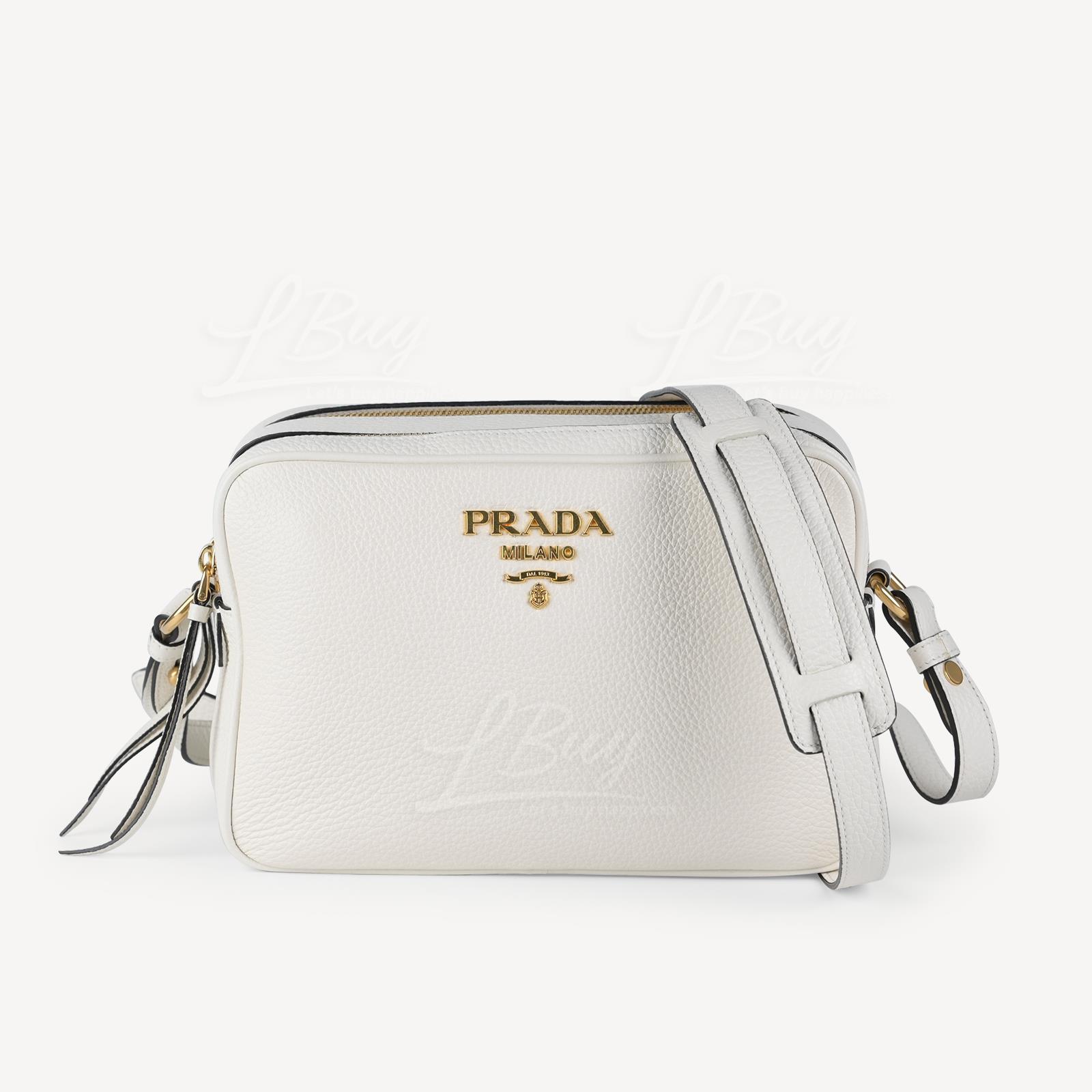 PRADA-Prada Gold Logo Leather Double Zipper Shoulder Bag Crossbody Bag  Bianco
