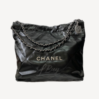 Chanel 22 Handbag 银色Logo 光面小牛皮黑色中号手袋 AS3261