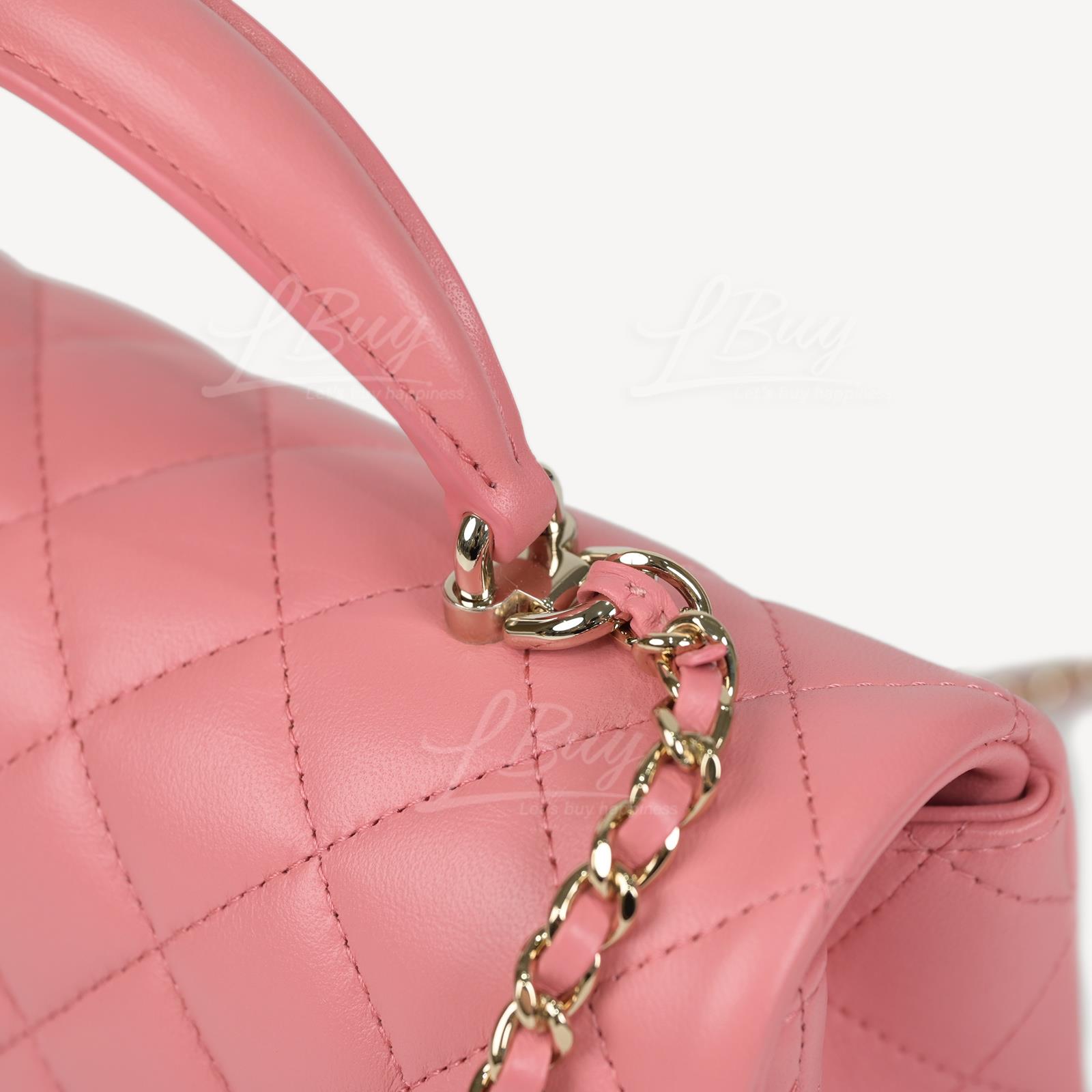 CHANEL-Chanel Pink Flap Bag with Light Gold Tone Metal and Top Handle AS2431