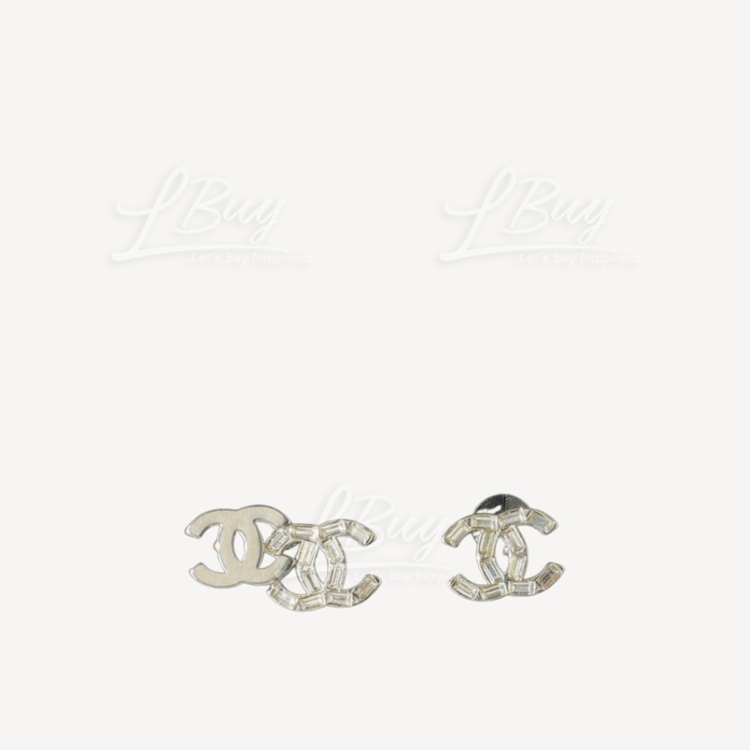 Chanel 双CC Logo银色水晶耳环 AB7869