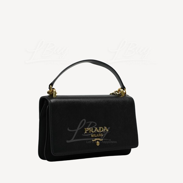 PRADA Prada Gold Logo Leather Double Chain Shoulder Bag Black 1BD144