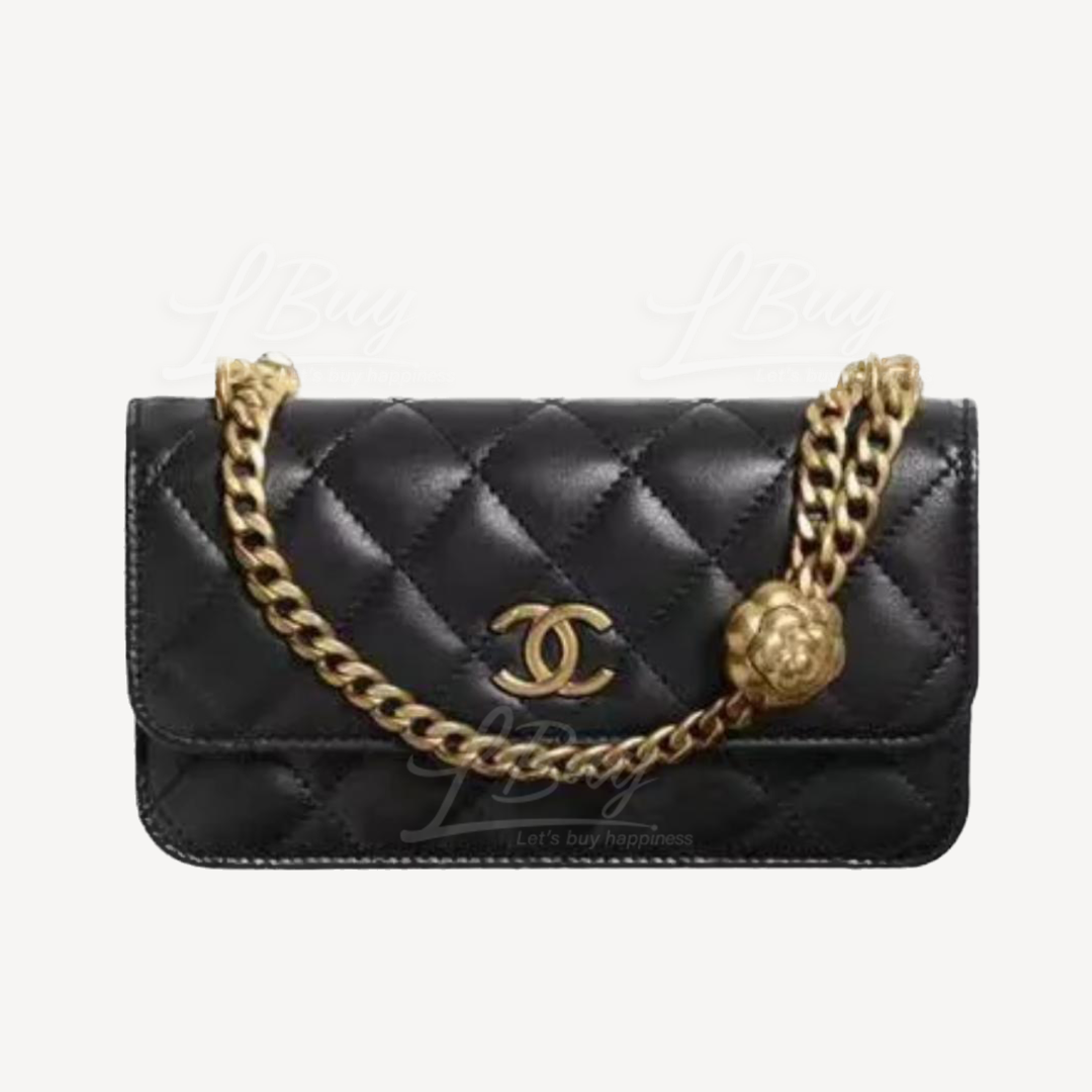 Chanel Camellia Adjusting Buckle Chain with Gold CC Logo Small Bag Black and Fuchsia AP3298