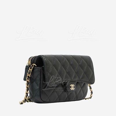 CHANEL-Chanel Black Grained Calfskin Gold CC Logo Phone Holder with Chain  Handbag AP2096