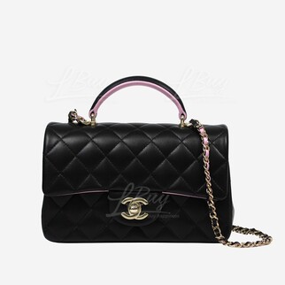 Chanel 黑色拼粉色手挽垂盖手袋 金色CC logo AS2431