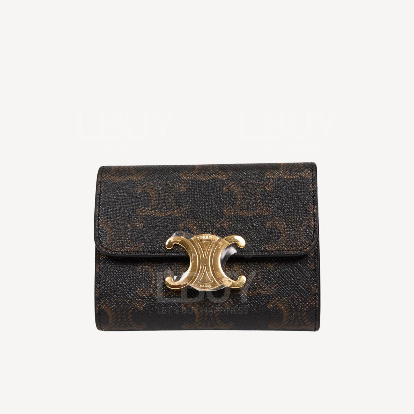 Celine Triomphe Compact 凯旋门帆布短银包 可拆式拉链卡片套 黄褐色