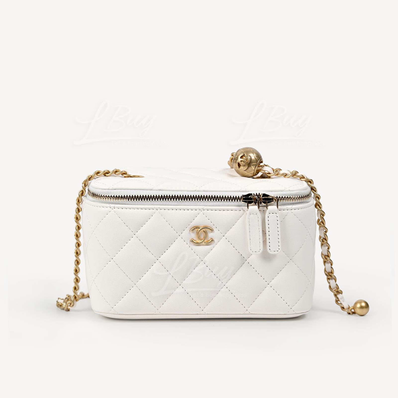 Chanel Gold Ball White Long Vanity Case with Chain AP2303