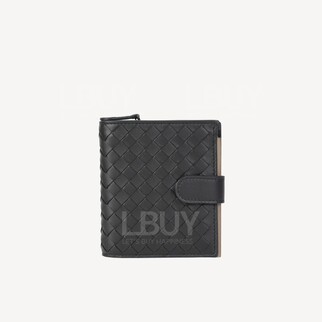 Bottega Veneta 黑色編織皮革釦式短銀包配拉鏈零錢格 121059