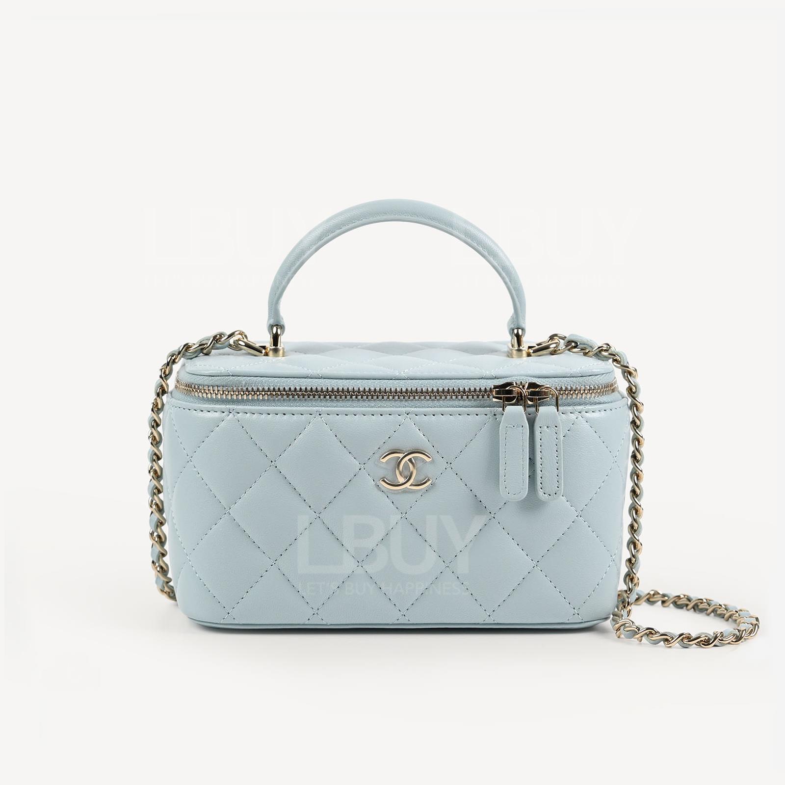 Chanel Light Blue Long Vanity Case with Top Handle and Chain AP2199