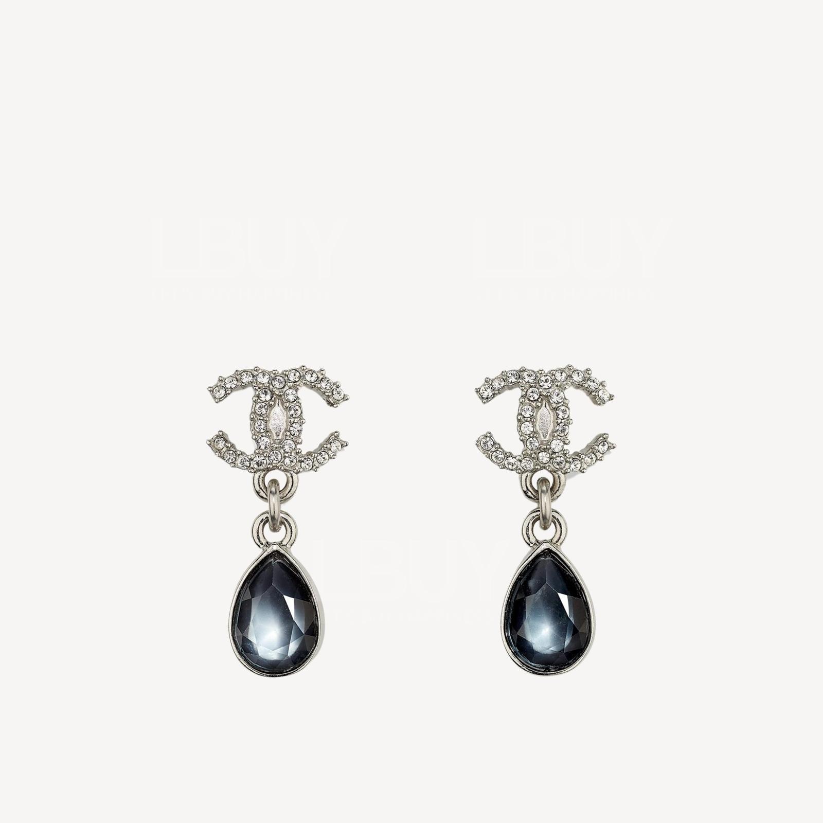 Chanel 水晶吊墜銀色 CC Logo耳環  AB5339