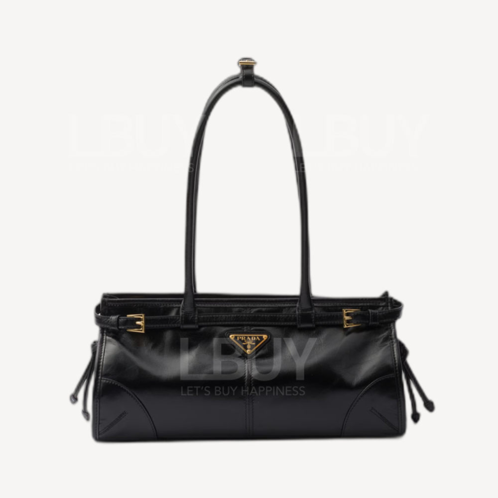 Prada Bonnie 中号皮革手袋 长手柄法棍包单肩袋 黑色