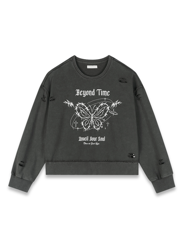 Washed Distressed Print Sweatshirt