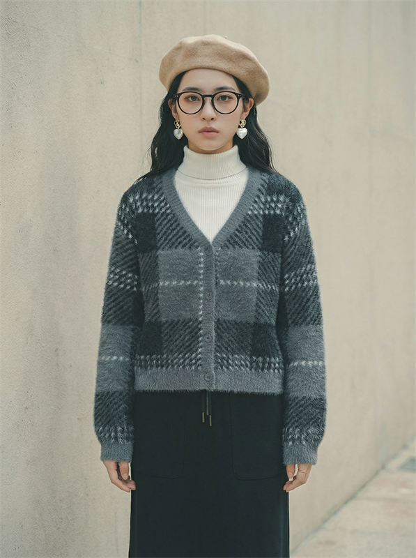 Tartan Pattern Furry Knit Cardigan