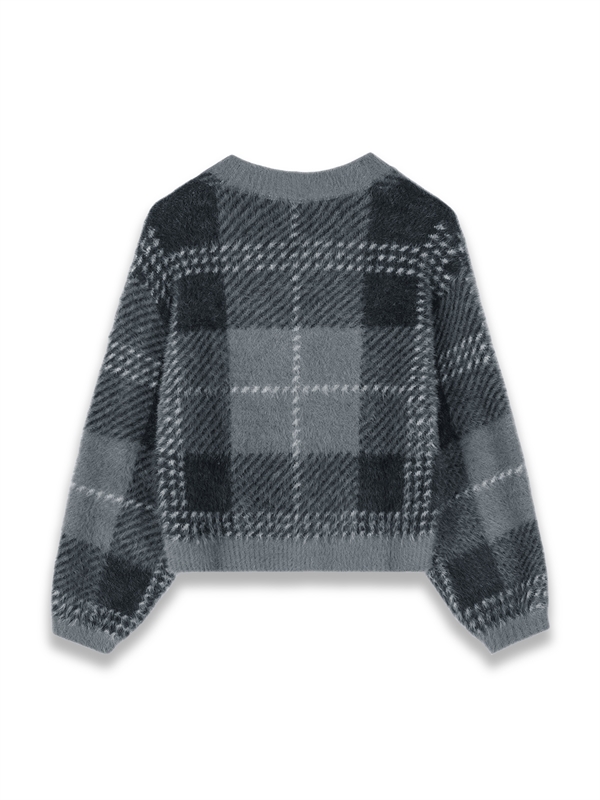 Tartan Pattern Furry Knit Cardigan