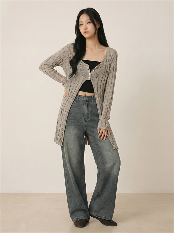 Distressed Sweater Long Cardigan