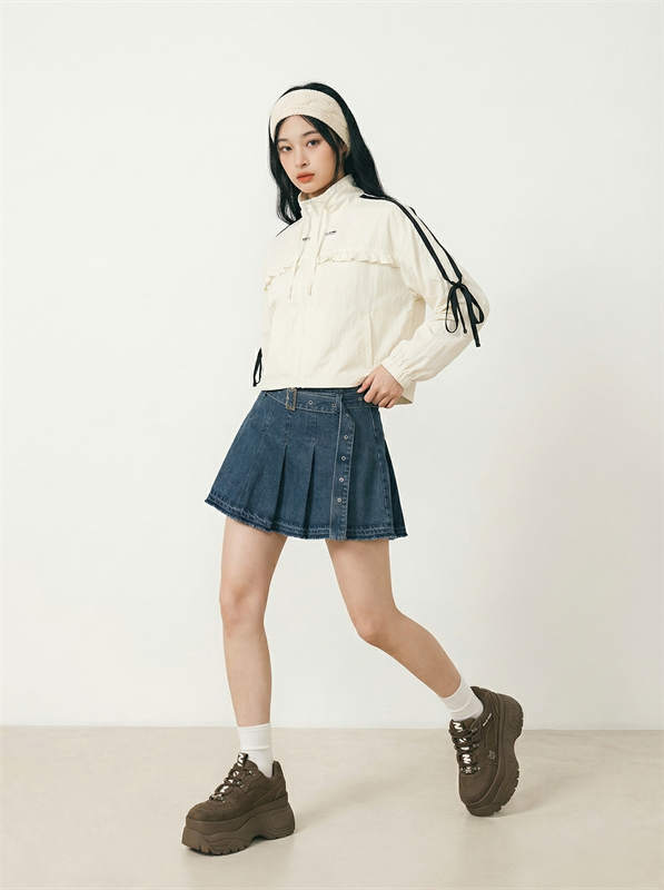 Pleated Denim Skirt With Belt