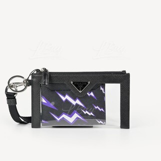 Prada Saffiano Print PVC and Leather Thunder Print Card Holder with Shoulder Strap 2TT097