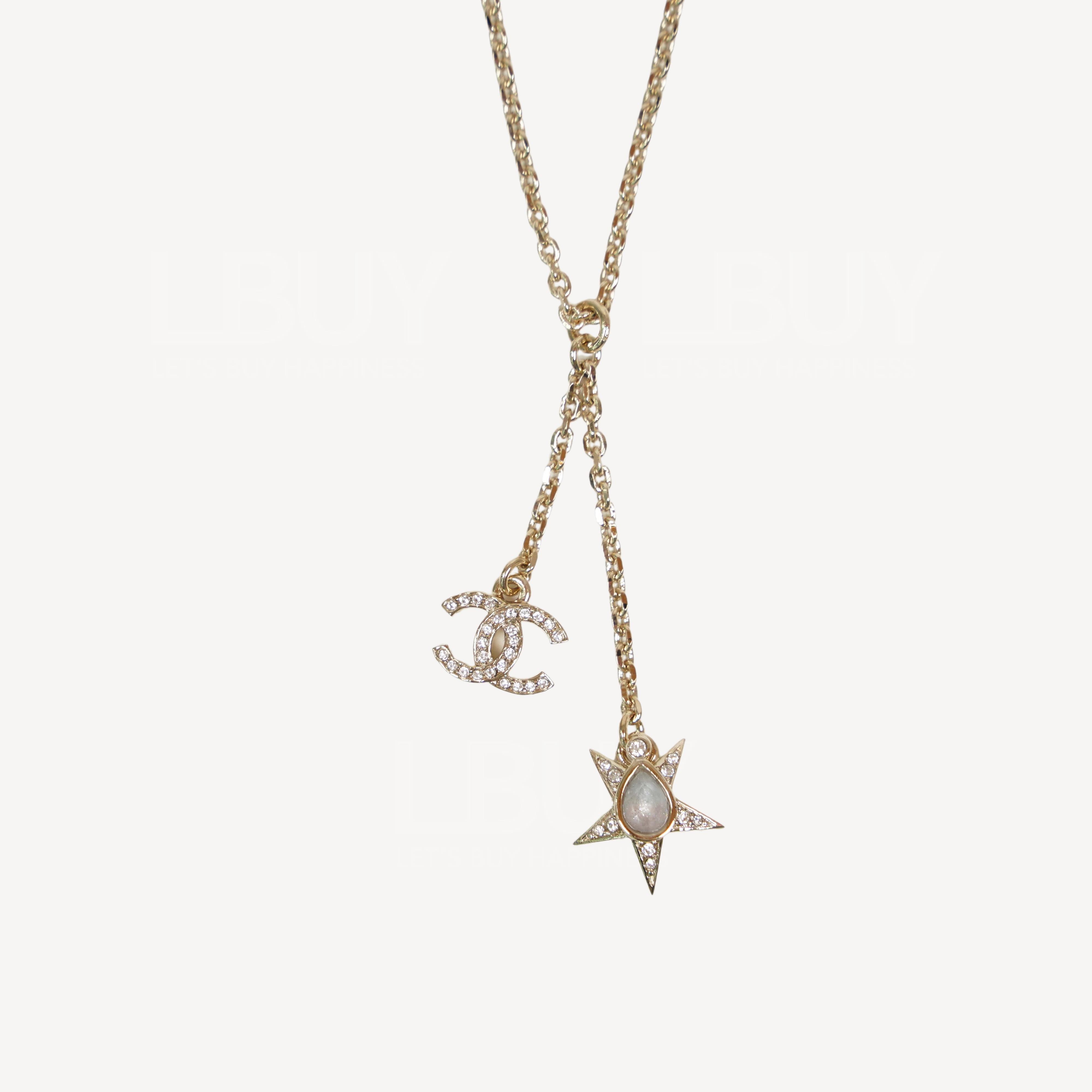 Chanel 星星水滴金色水钻CC Logo 项链 ABA369