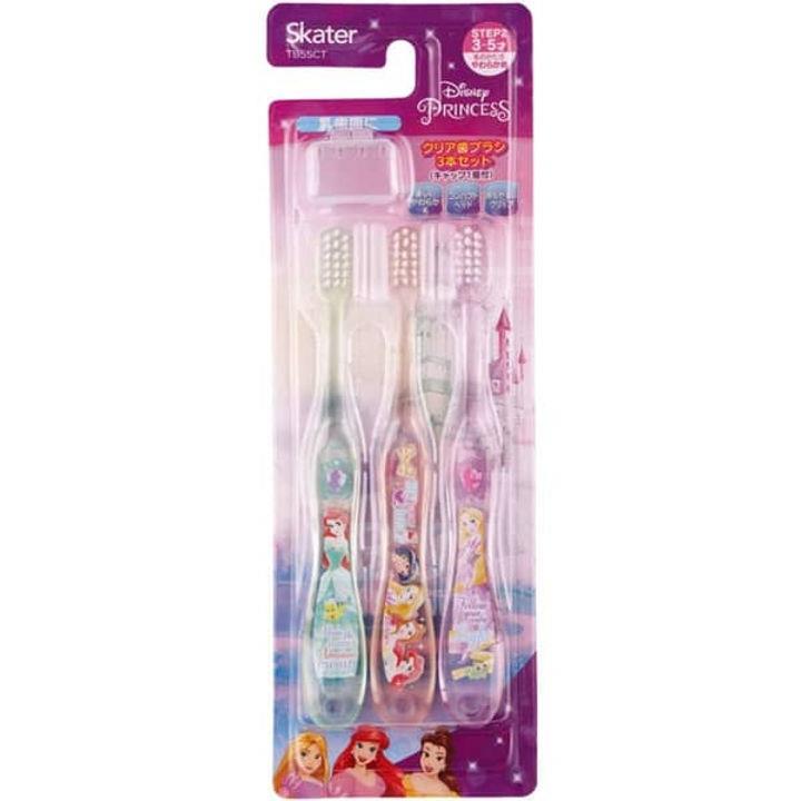 迪士尼公主透明兒童牙刷3入組附蓋3-5歲 (綠粉紫款)