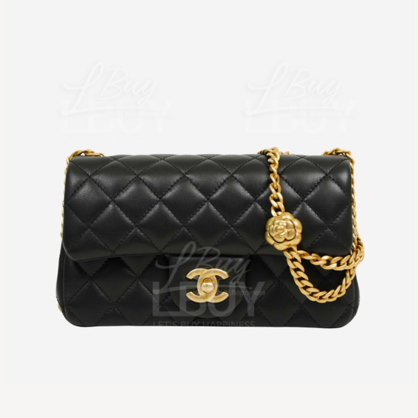 Chanel-Chanel Camellia Embossed Chain Adjustable 20cm Black Flap