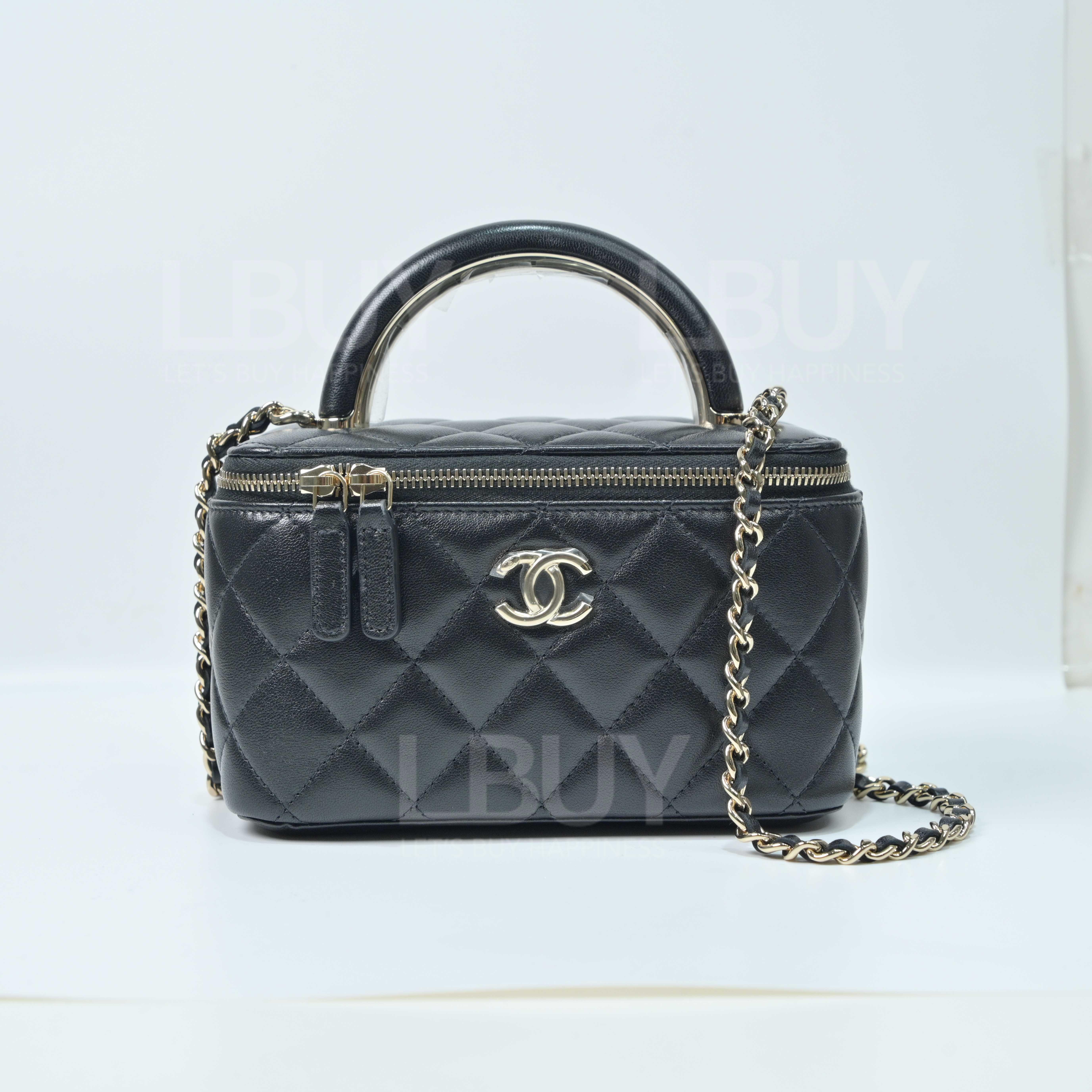 Chanel Black Long Vanity Case CC Logo with Top Handle and Light Gold Chain AP2199