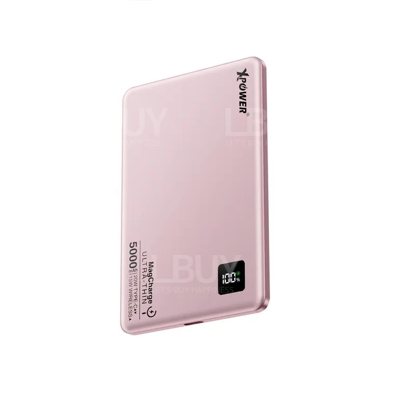 Xpower M5K 2-in-1 Aluminum Alloy Digital Display 5000mAhPD3.0+ Magnetic Wireless External Charger Pink
