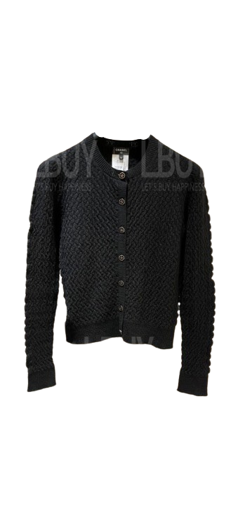 Chanel 黑金圆形CC logo钮扣黑色针织羊毛开襟冷衫外套 P75350