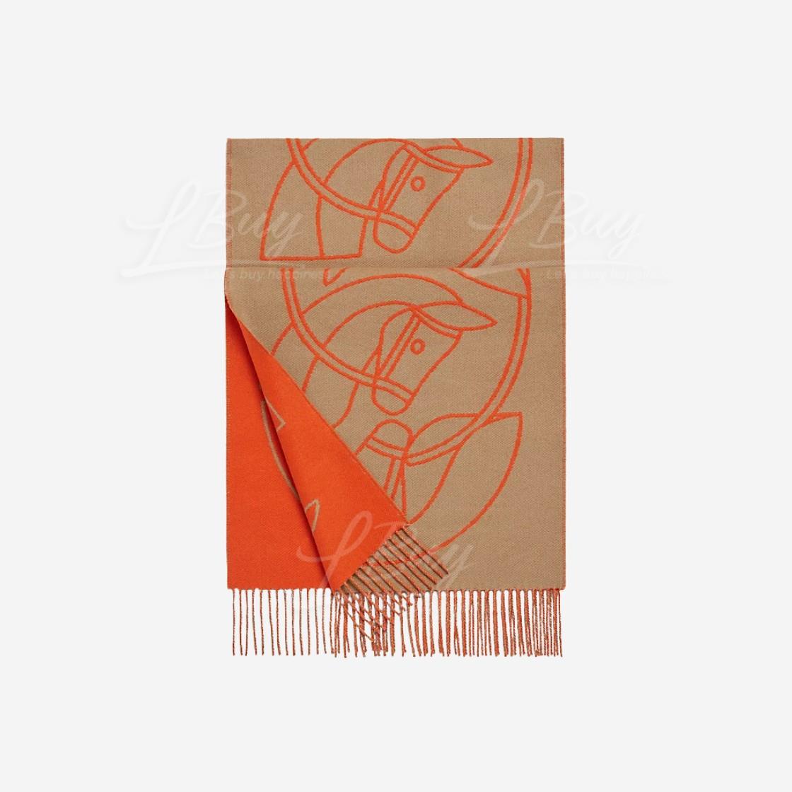Hermes Casaque Entrelacs Equestres Muffler Beige Orange Vif