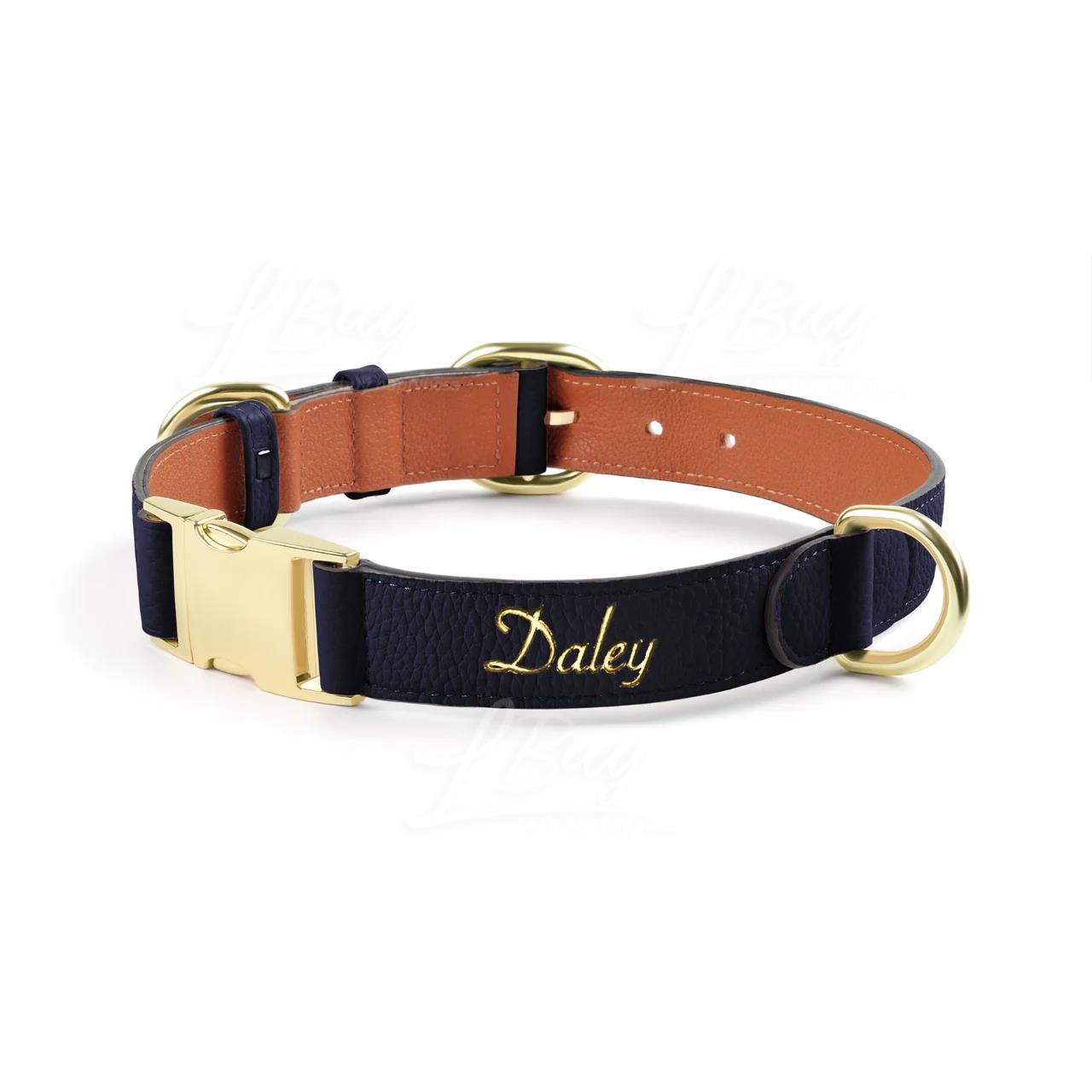 Furri Tail  Handcrafted Leather Dog Collars  (Can Engraved) Navy Blue