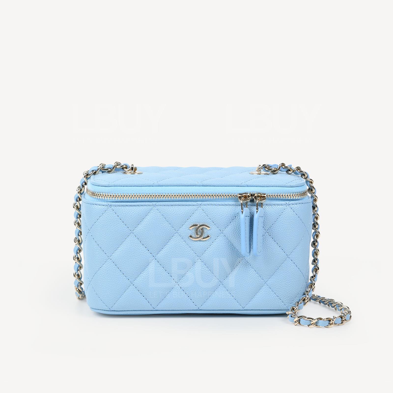 Chanel Mirror Grained Calfskin Base CC Logo Long Vanity Case with Chain Light Blue AP1341