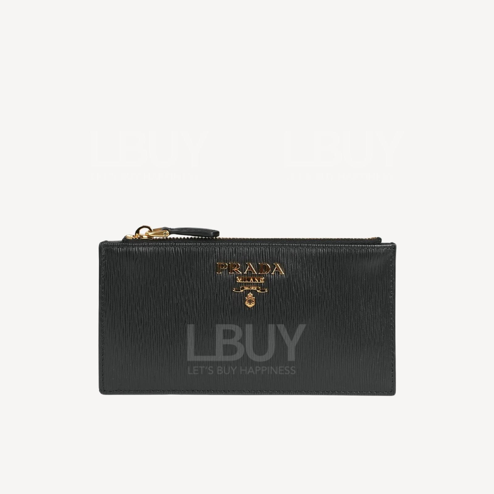 Prada Metal Logo Leather Zip Key Holder Coins Bag Black 1MC079