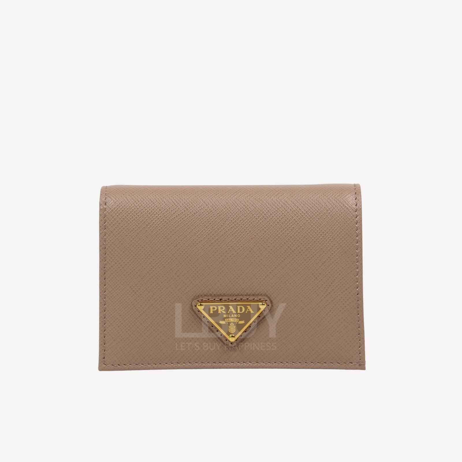 Prada Saffiano Triang Triangle Logo Leather Button Short Wallet with Zipped Coin Purse Light Pink 1MV021