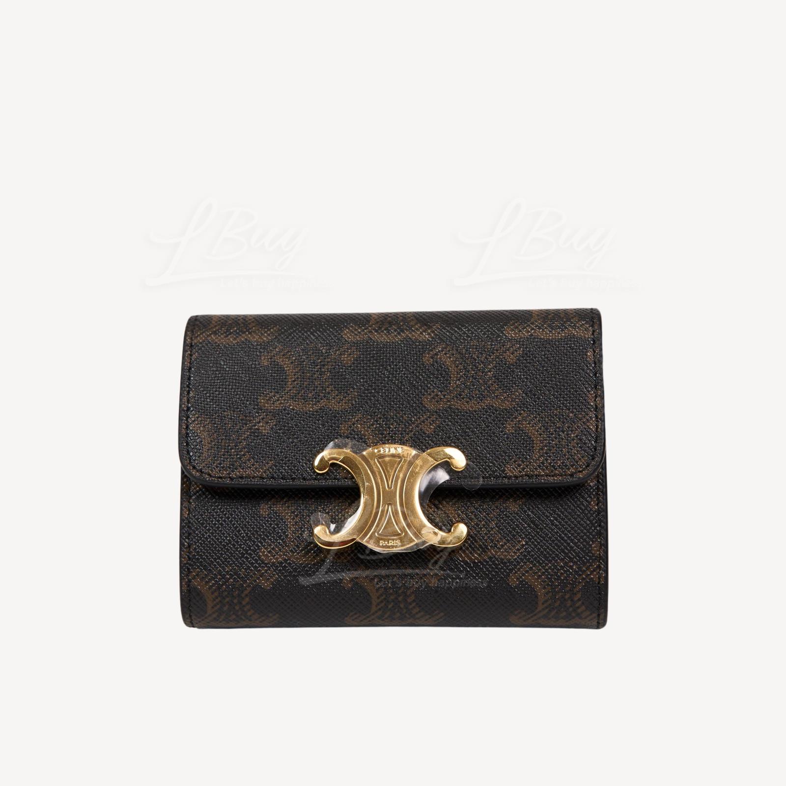 Celine Triomphe Compact Calfskin Gold Chain Small Flap Wallet with Detachable Zipped Card Holder Tan