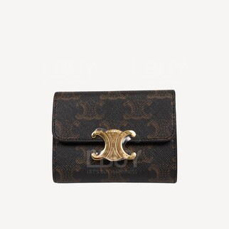 Celine Triomphe Compact 凱旋門帆布短銀包 可拆式拉鍊卡片套 黃褐色