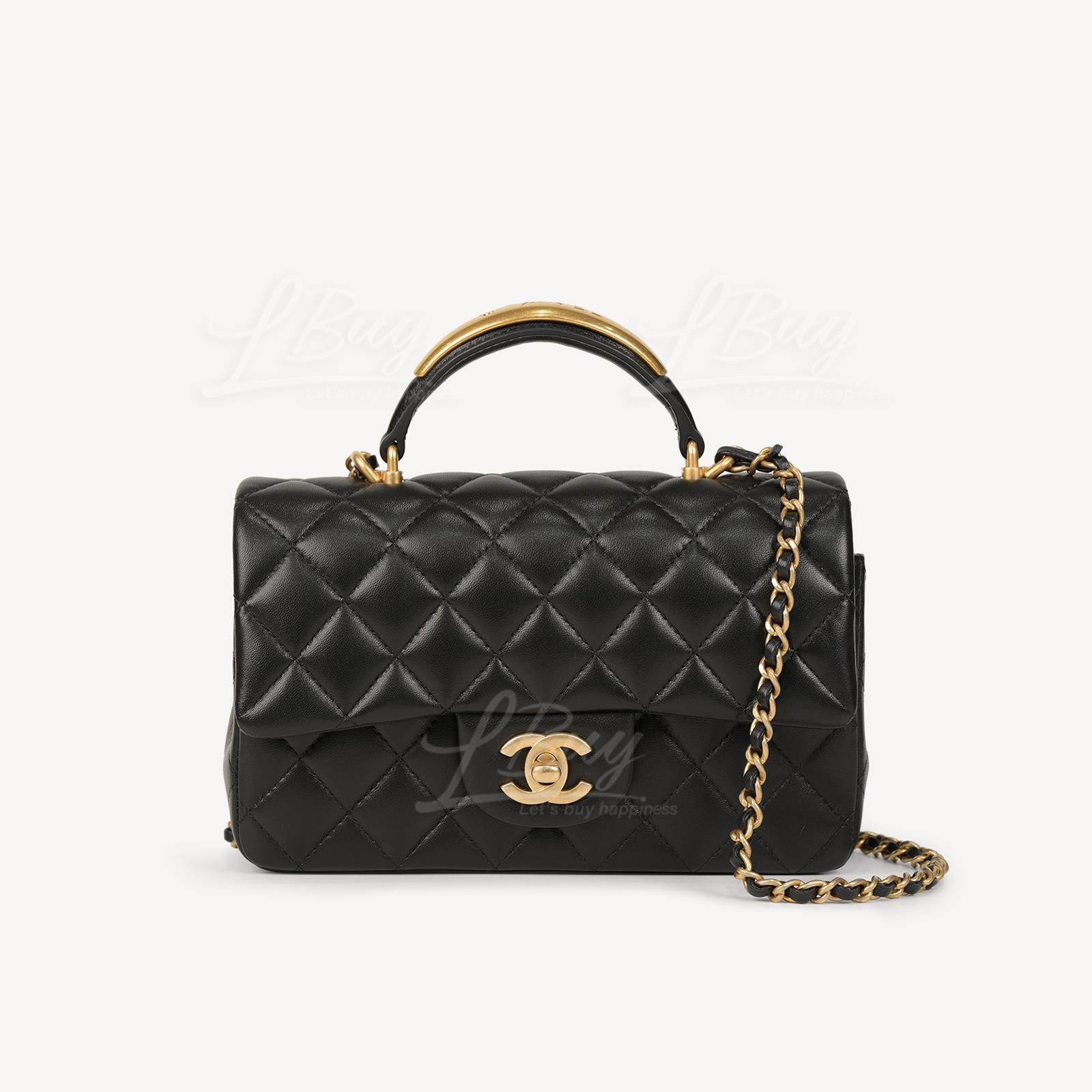 Chanel Black Flap Bag with Gold Tone Metal and Gold Metal Top Handle