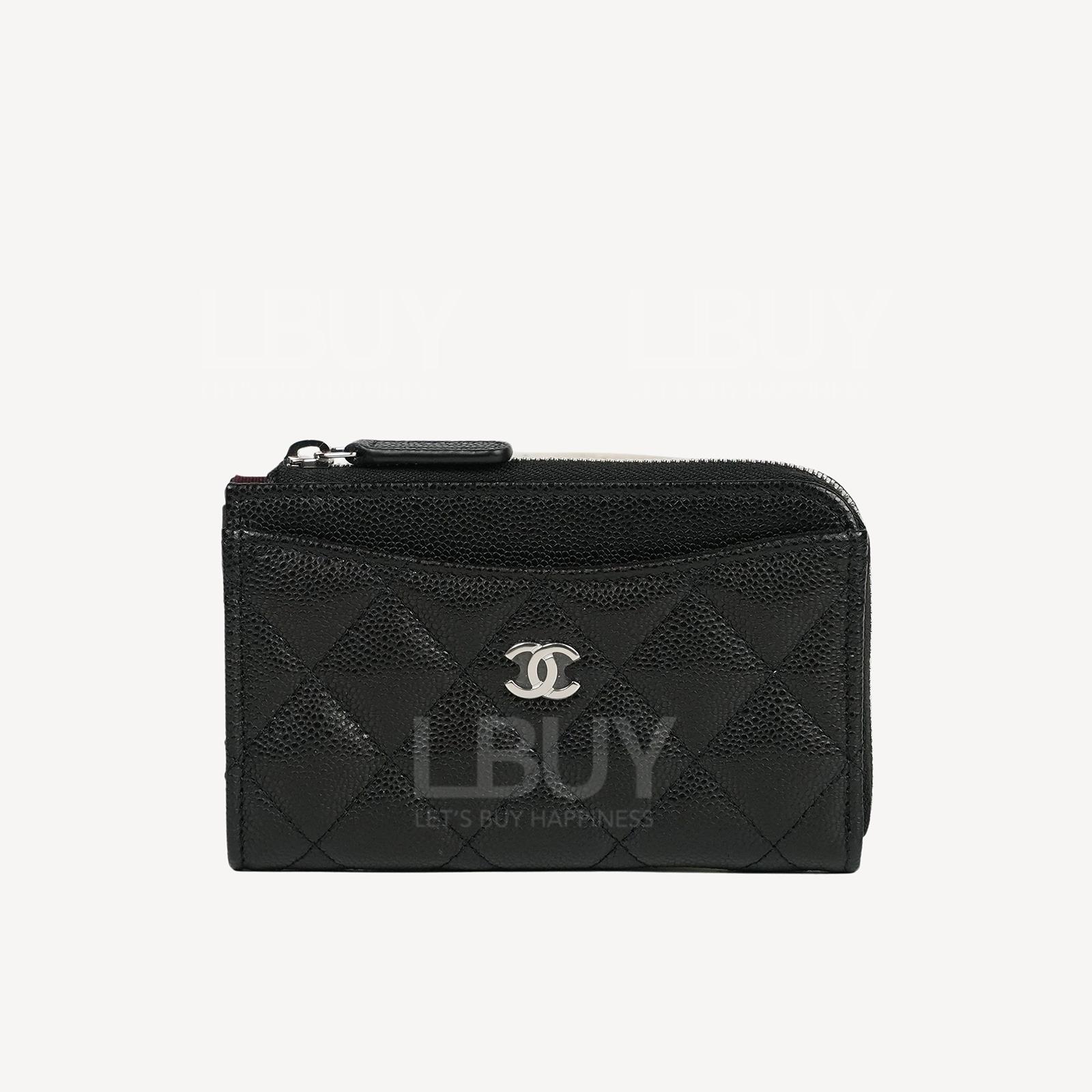 Chanel Black Grained Calfskin Silver CC logo Zip Card Holder AP3179