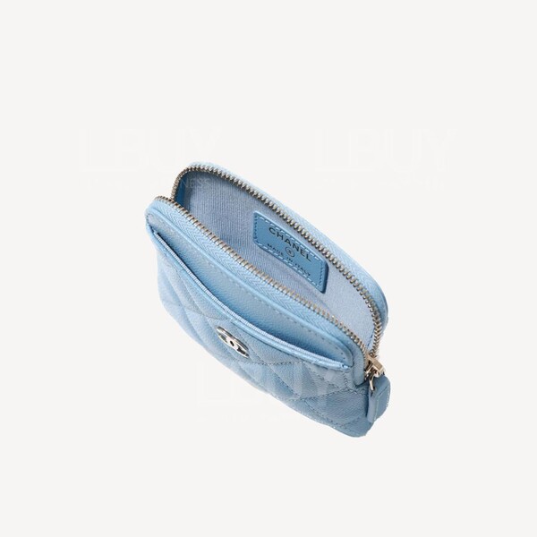 Chanel-Chanel Zipped Coin Purse CC Logo Light Blue Gold-Tone Metal