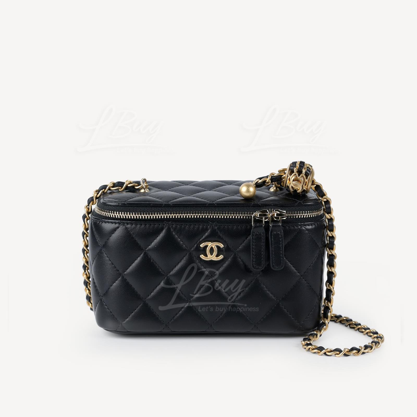 Chanel Vanity Case 皮穿鏈子小金球黑色鏈帶鏡子長型化妝盒子 AP2303