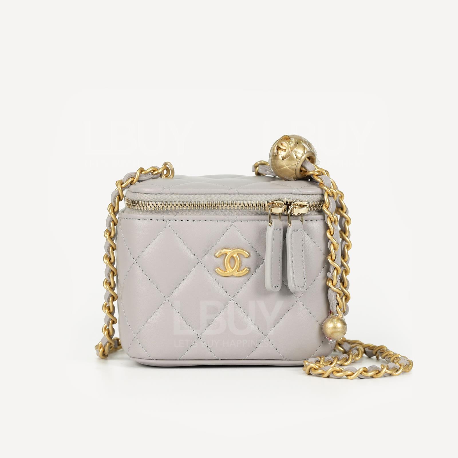 Chanel Gold Ball Mirror Base CC Logo Classic Small Vanity with Chain Light Grey AP1447