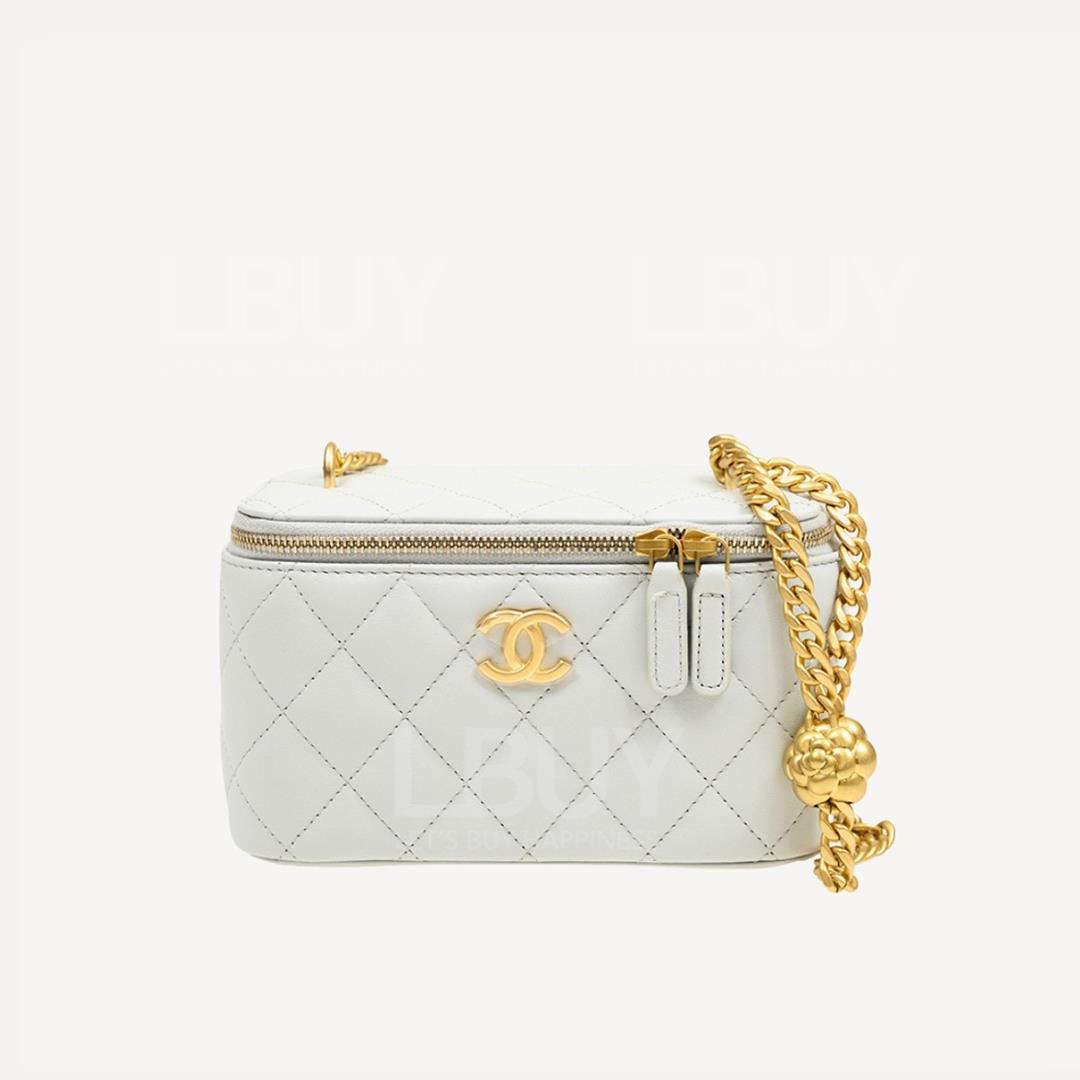 Chanel Vanity Case 山茶花灰色鏈帶長型化妝盒子AP3301