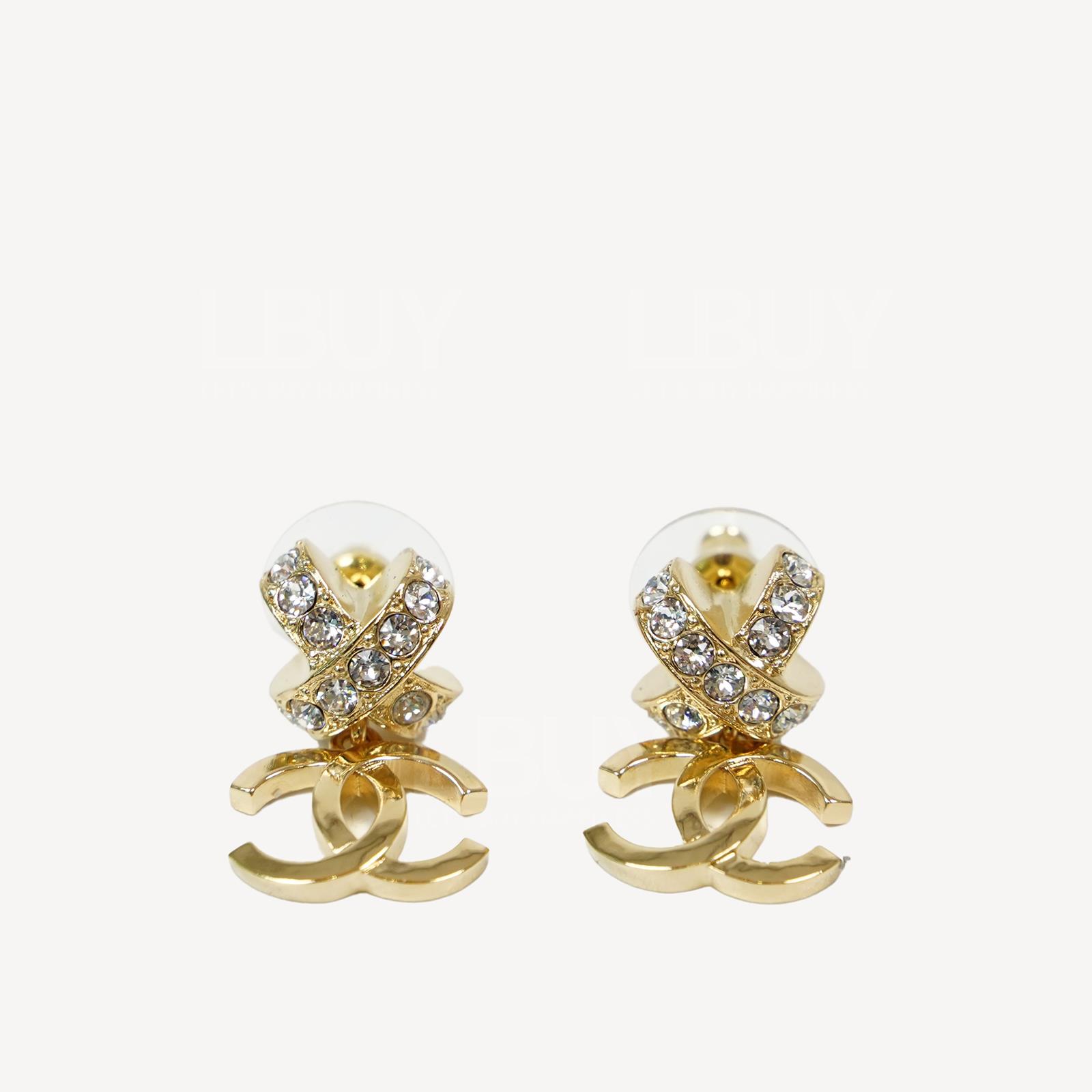 Chanel Rhinestone Cross Gold CC Logo Pendant Earrings ABA525