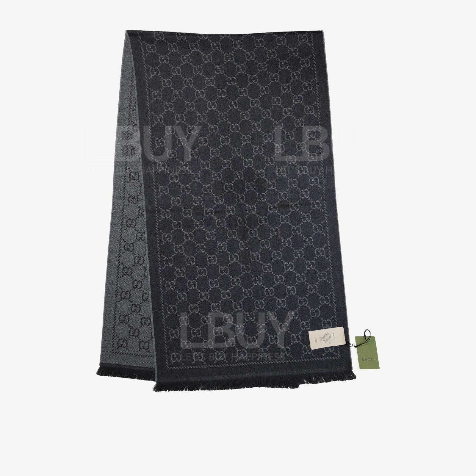 Gucci GG logo 全羊毛流蘇邊緣圍巾頸巾 黑色灰色