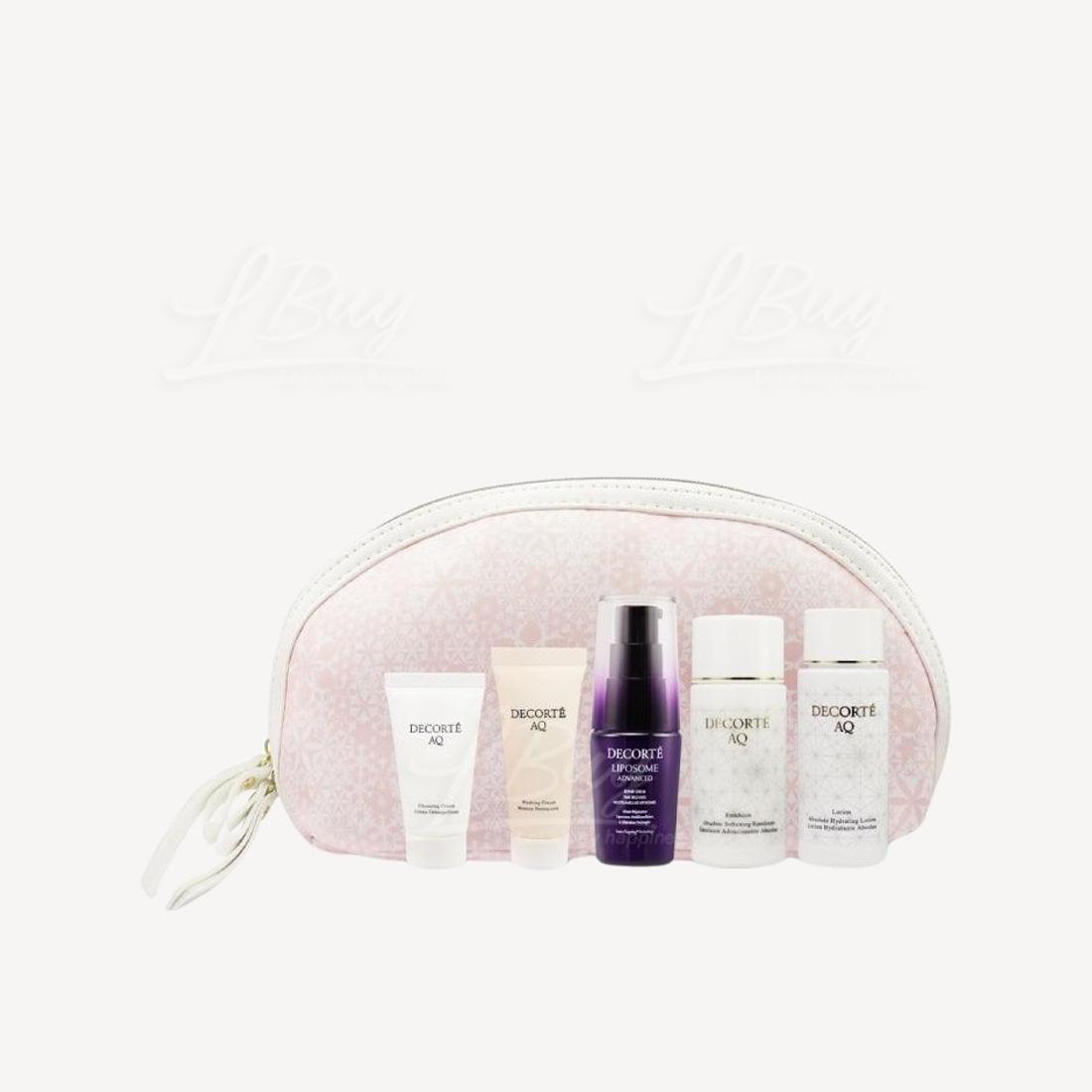 COSME DECORTE Liposome Advanced And AQ Comfort  Travel 5pcs Set With Pouch (Serum 12ml + lotion 30ml+Emulsion 30ml+Cleansing milk 8g+Cleansing Cream 6g × 1)